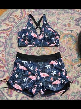 Flamingo Print Swim Top & Shorts Set - Navy with Pink Flamingos